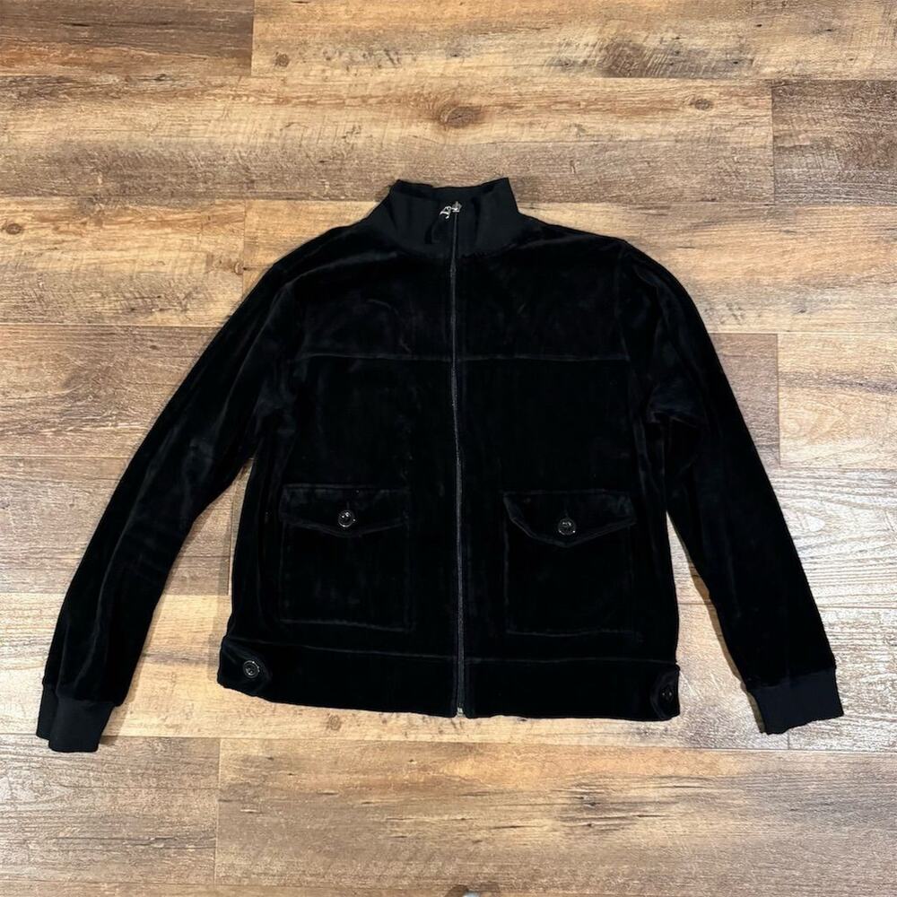 Contact VTG Small Black Velour Bomber Jacket Zip-Up Minimalist Pockets READ